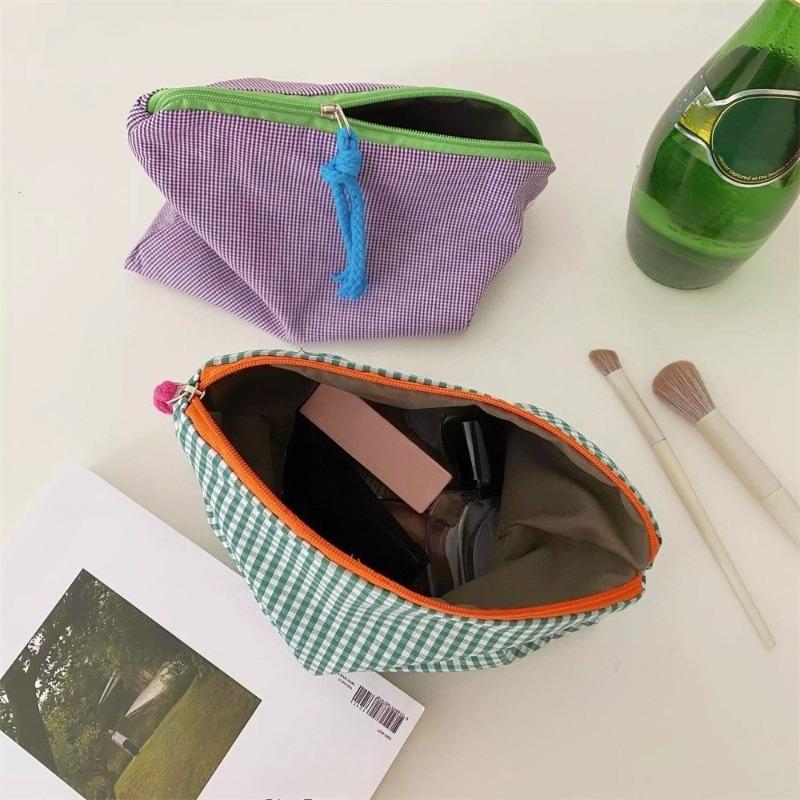Plaid Makeup Bag Large Capacity Cotton Zipper Pouch Travel Clutch Cosmetic Organizer Storage for Women Girls