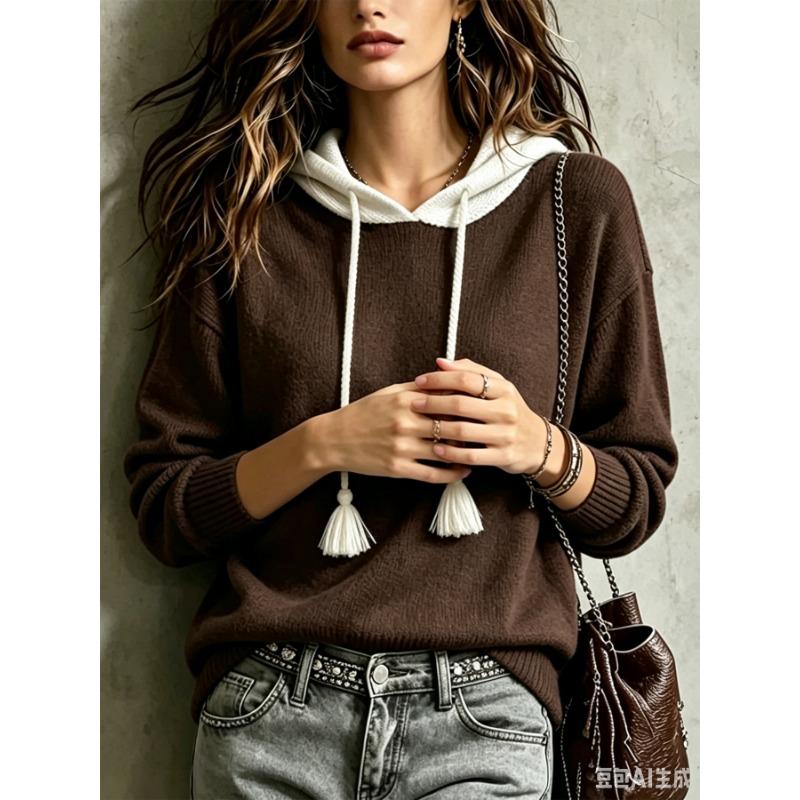 Women S Loose Fit Hooded Knit Long Sleeve Casual Pullover Sweater