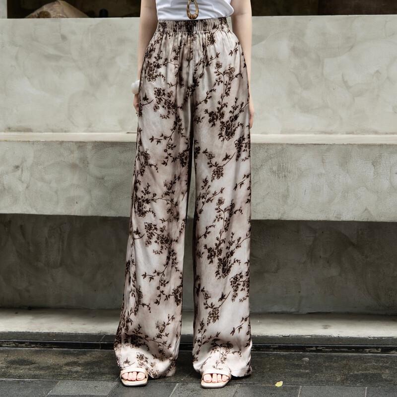 Lancer 2026 Summer Cupro Rayon Bohemian Leaf Print Casual Pants