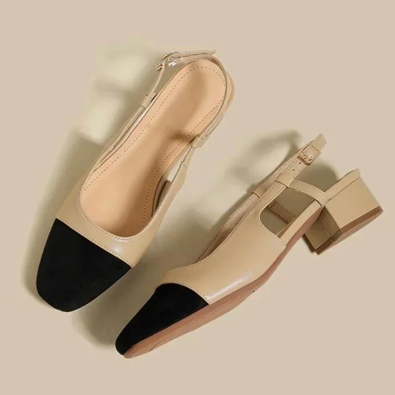 New Summer Women's Sandals Elegant Medium Heel Toe Mules Comfortable Office Women's Shoes Buckle Heels Women
