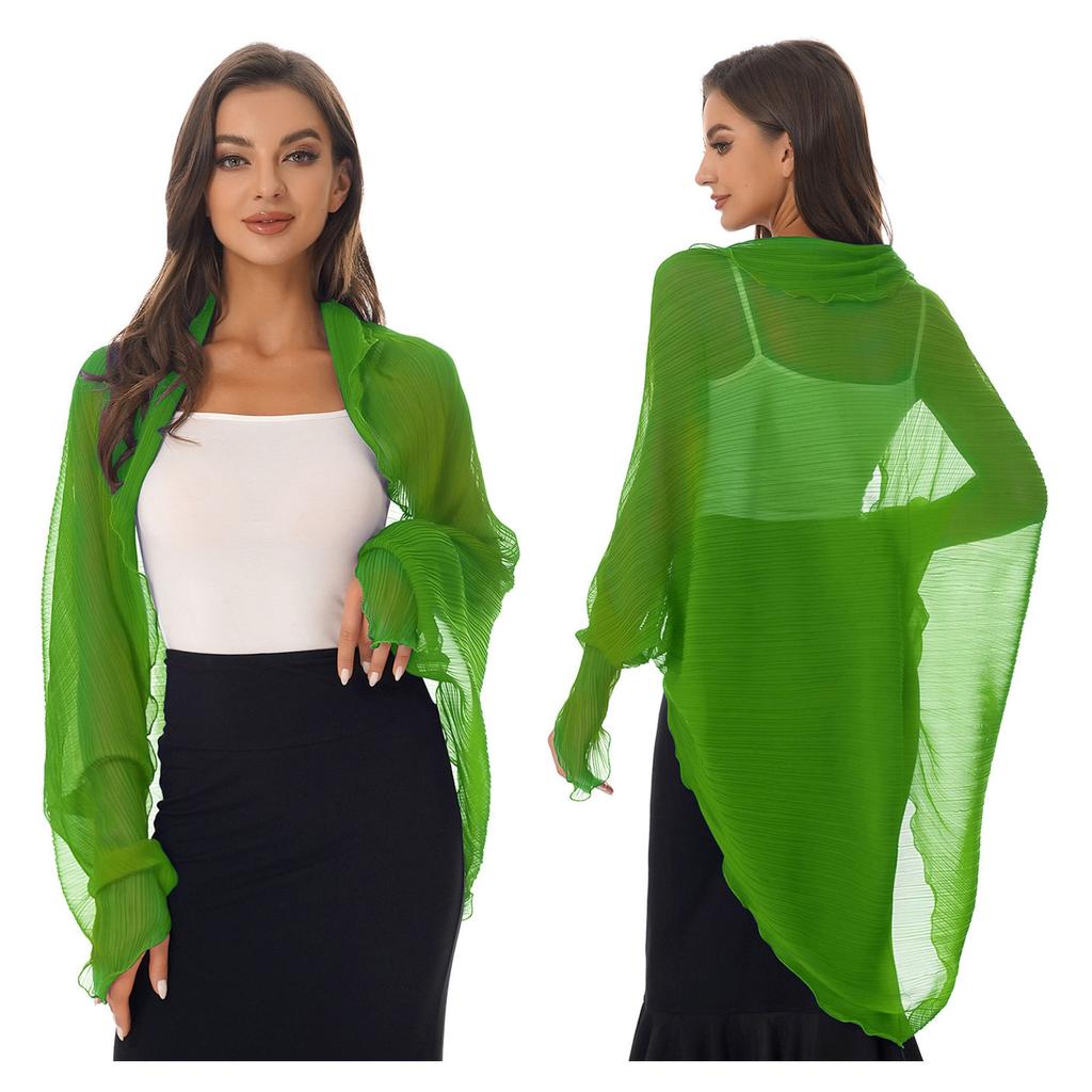 Womens Casual Long Sleeve Sun Protection Tops Open Front Chiffon Wraps Pleated Shawl Cover Ups Beachwear