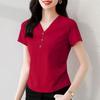 Women T-shirt V-Neck Buttons Decor Short Sleeve T-Shirt Slim Fit Soft Elastic Pullover Tops Commuting Style Tops