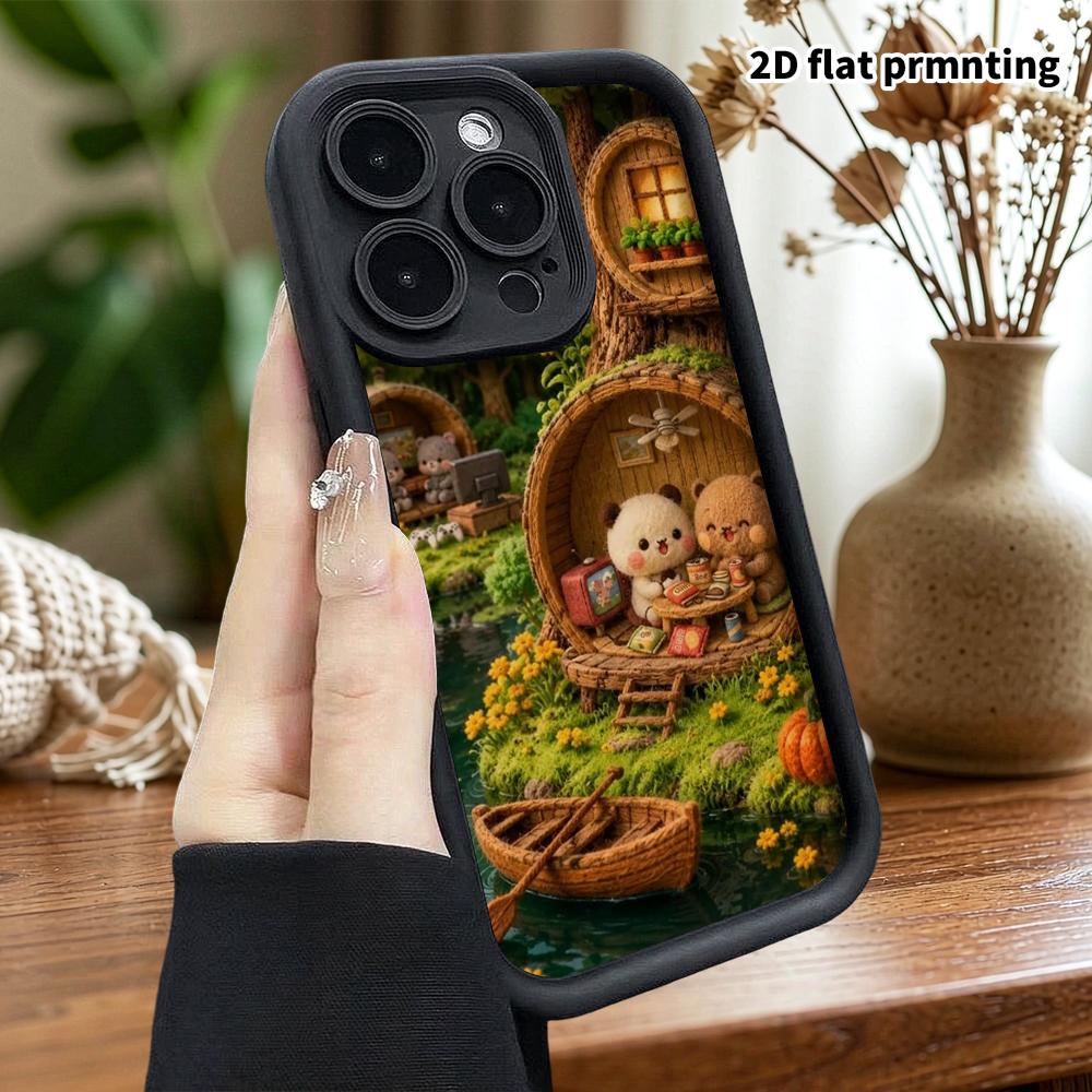 Phone Case: 2D flat, fits iPhone 18 17 16 15 14 13 12 Pro protective case, forest tree hollow cabin, perfect Christmas and Halloween holiday gift
