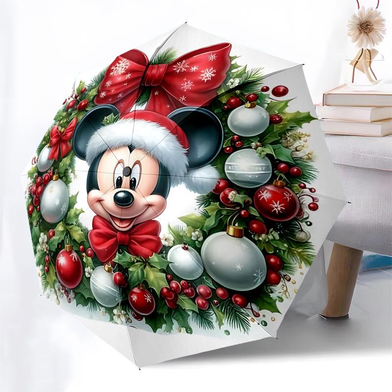 Mickey Mouse Christmas Wreath Automatic Opening and Closing Umbrella - 8 Ribs Portable Folding Umbrella with Plastic Handle, Suitable for Le