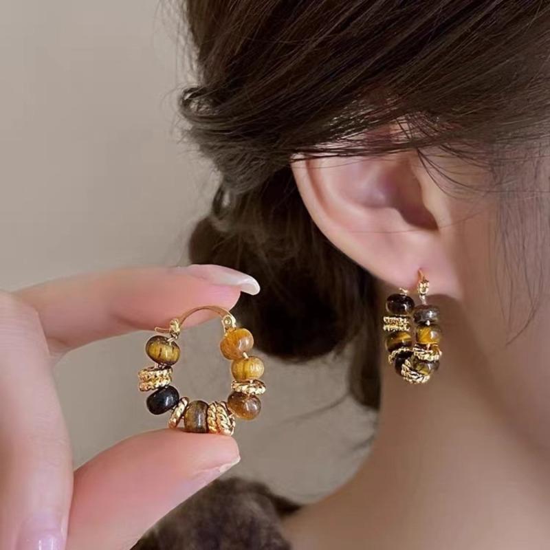 Retro Round Tiger Eye Stone Beads Hoop Earrings for Women Gold Color U-shaped Earrings Personality Jewelry Gift