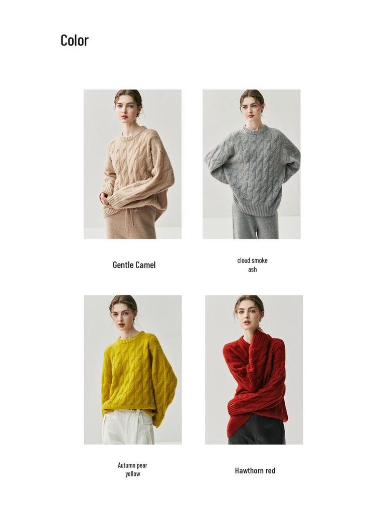 Женский пуловер из тяжелого кашемира крупной вязки «косы» - осенне-зимний свитер с длинным рукавом и круглым вырезом