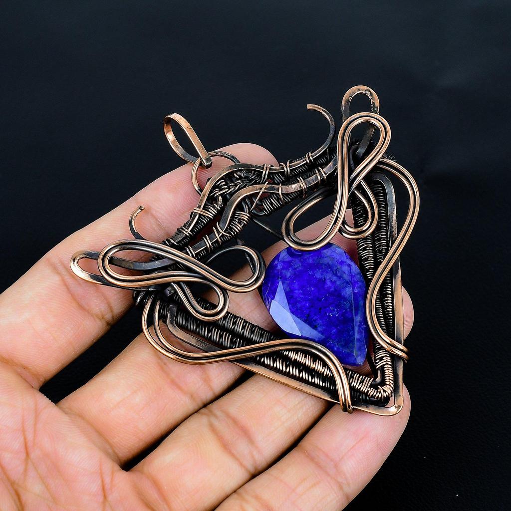 Blue Sapphire Pendant Handmade Gemstone Jewelry, 999 Copper Wire Wrapped Pendant ,Unique Design Jewelry Pendant