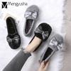 43 Plus Size Fur Flats Woman Lace Bow Moccasins Really Rabbit Fur Winter Shoes Warm Plush Slip On Loafers Furry Flat Shoes Woman