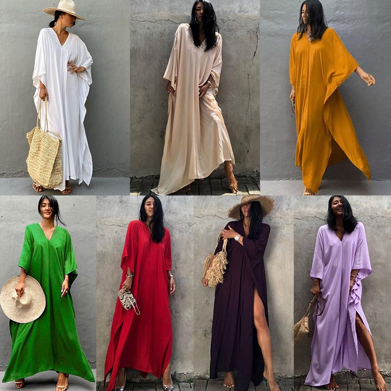 European & American Cotton Solid Color Blouse and Long Skirt Cover-Up for Beach or Swimwear.