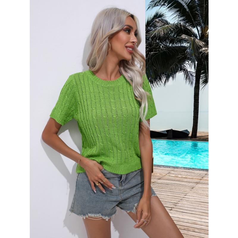Women's Twist Short Sleeve Pullover Knit Sweater Spring and Summer Round Neck Solid Colour Knitwear
