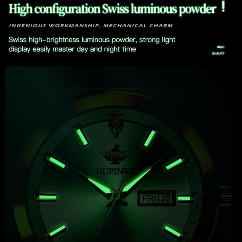 OUPINKE Мужские часы с двойным календарем, автоматические механические часы, водонепроницаемые высококачественные часы с бриллиантами