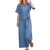 2 Pcs/Set Women Top Pants Set Round Neck Solid Color Short Sleeves T-shirt Adjustable Waist Wide Leg Trousers Casual T-shirt Trousers Set
