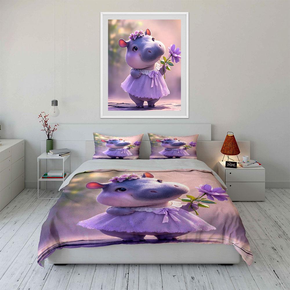Cute hippo holding purple flower Print Bedding Set 1 Duvet Cover 2 Pillowcases for Adult and Children Luxury Gift Full Size