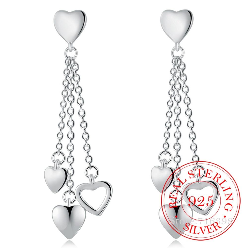 Womens Fashion 925 Sterling Silver Tassel Heart Earring Drop Earrings for Girls Kids Wedding Gift Jewelry Brincos