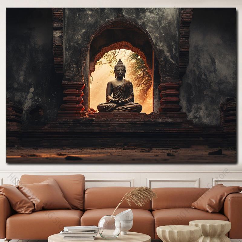 Buddha Statue Canvas Painting Buddah Statue and Candles Posters and Prints for Living Room Religious Wall Decor Unframe