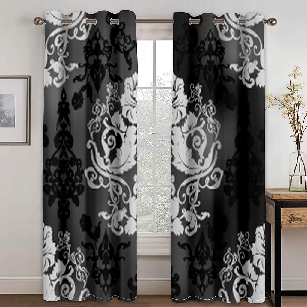 High-quality Luxury Brand Black Pattern 3D Printed Thick Shading Curtain Bedroom Living Room Hotel Window 2 Pieces Free Hooks