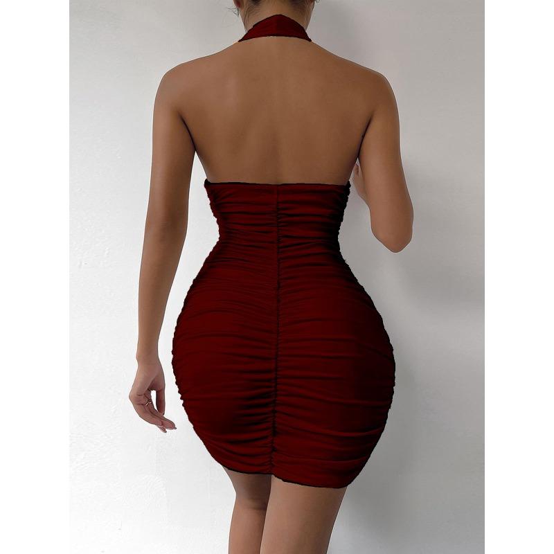 Женское облегающее короткое платье с V-образным вырезом, плиссированное, с открытой спиной, сексуальное, облегающее, с пакетом, бедрами, платья