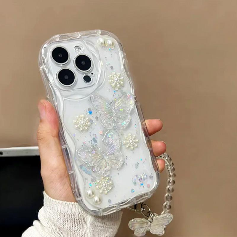 Laser Butterfly Pearl Flower Phone Case for IPhone17 Promax Full Pack Anti Drop for Apple 16 Handheld Rope