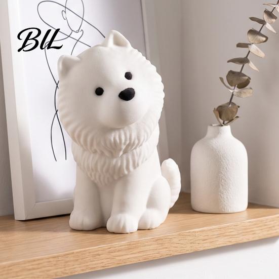 Durable Dog Figure Cute Sitting Samoyed Figurine, 3D Printed Smiling Puppy Statue, Healing Realistic Art Piece Animal Desktop Ornament for Home