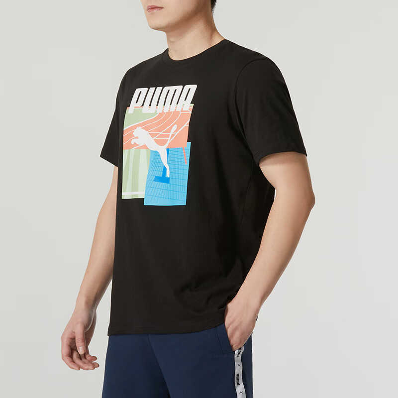 Puma Ретро-американский спортивный принт с буквенным принтом, повседневный пуловер с круглым вырезом, футболка с короткими рукавами, мужские топы, черные 684760-01