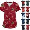 Women's Christmas Printed Uniform Work Uniform V-Neck Pocket Protective Work Uniform
