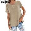 Spring Summer Top V-neck Short Sleeve Pocket Loose T-shirt Women
