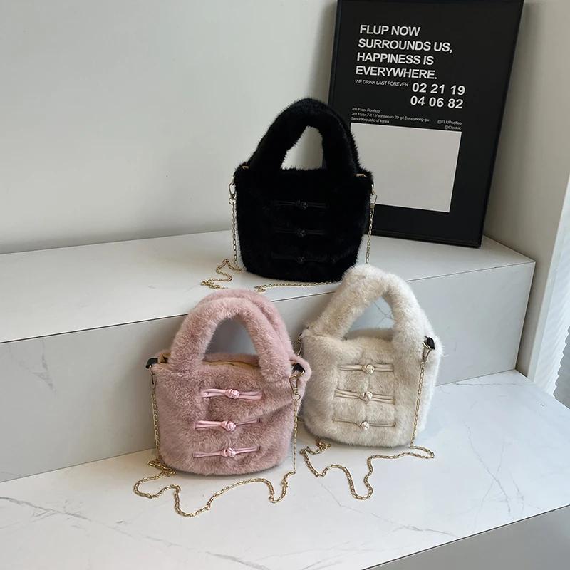 Ретро-меховая сумочка для женщин из искусственной кожи, маленькая сумочка, сумка через плечо, роскошная сумка-ведро, женская, милая, мягкая, модная