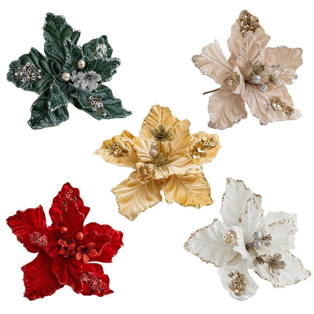 DIY Artificial Poinsettia Flower Simulation Sequins Flower Christmas Tree Decorations  Party Gifts