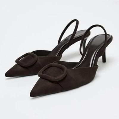 Модная дизайнерская обувь Кофейные сандалии на каблуке из искусственной замши Женская мода Остроносые слинги Высокие каблуки Элегантная офисная обувь Мюли Туфли-лодочки