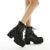 Women's Black Back Zipper Chunky Heel Boots Goth Style Lace Up Solid Color Platform Short Boots for Women Fashion Wing