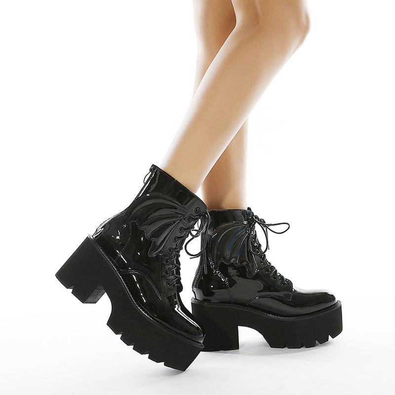Women's Black Back Zipper Chunky Heel Boots Goth Style Lace Up Solid Color Platform Short Boots for Women Fashion Wing
