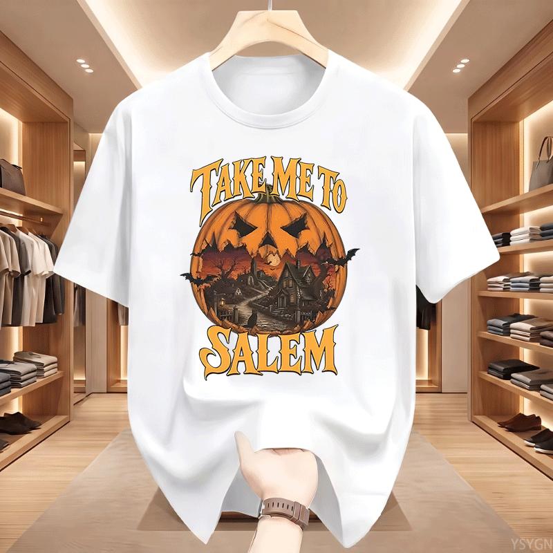 Vintage Halloween Take Me To Salem TShirt Unisex Witch T Shirt Design Cotton Short Sleeve Pumpkin Spooky Season Tees Clothes