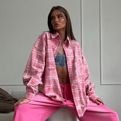 Клетчатая рубашка для весны и лета, Свободная рубашка-куртка, Розовая клетчатая рубашка
