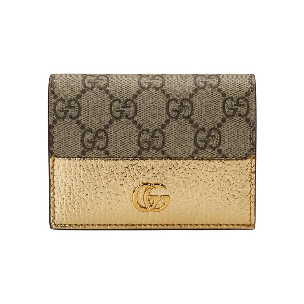 Gucci GG Marmont Double G Logo Snap Closure Canvas And Leather Card Holder Women Card Holder Gold Brown 658610-AABGY-8658