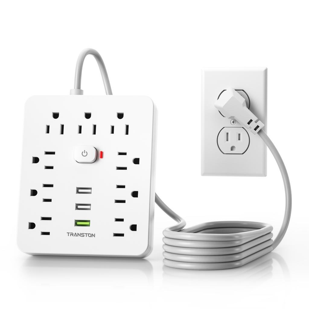 Розетка с защитой от перенапряжения, 9 розеток, 3 порта USB, удлинитель 5 футов, Быстрая зарядка, Для дома и офиса, Белый