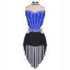 Women Lyrical Dance Dress Mock Neck Sleeveless Backless Shiny Rhinestones Color Block Mesh Skirted Leotard