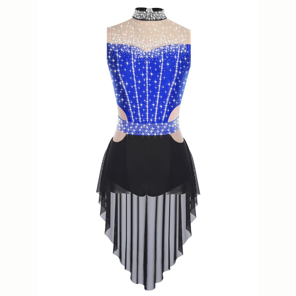 Women Lyrical Dance Dress Mock Neck Sleeveless Backless Shiny Rhinestones Color Block Mesh Skirted Leotard