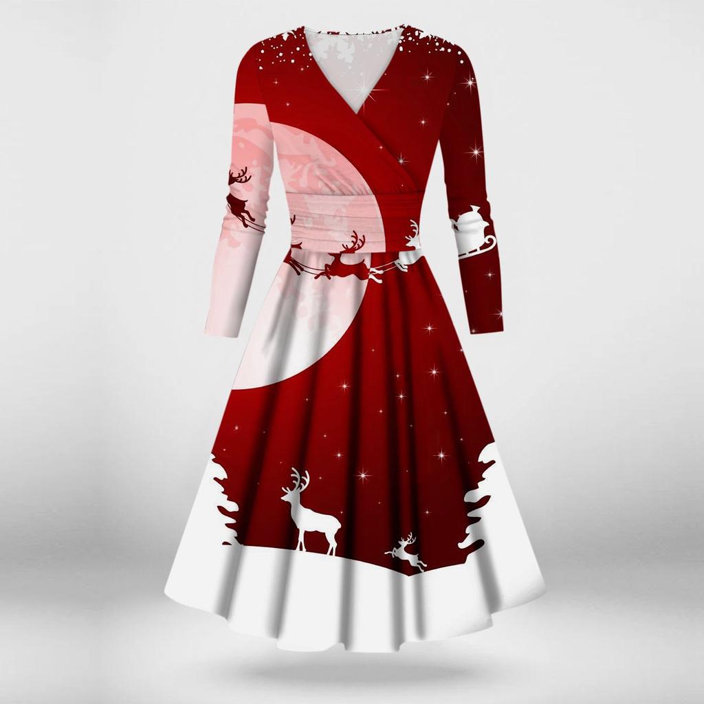 Женское повседневное и модное сексуальное платье с v-образным вырезом и длинными рукавами с рождественским принтом