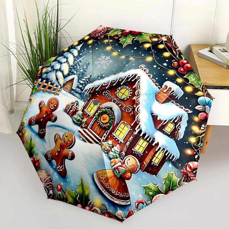 1pc Stunning Christmas Floral Design Automatic Folding Umbrella, 3-Fold Design, 8-Bone Iron Frame, Outdoor, Festive Gift for Fans, Travelers, Daily Us