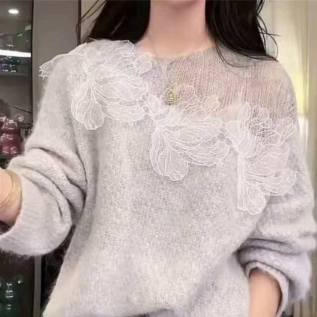 French Lace Hollow Flower Sweater for Women In Autumn and Winter Lazy Loose Knit Top Design for Women's Clothing