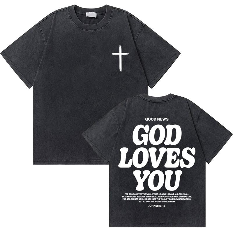 Washed Vintage Christian Jesus Good News God Loves You Bible Verse Graphic Tshirts Men Women Fashion Casual Oversized T Shirt