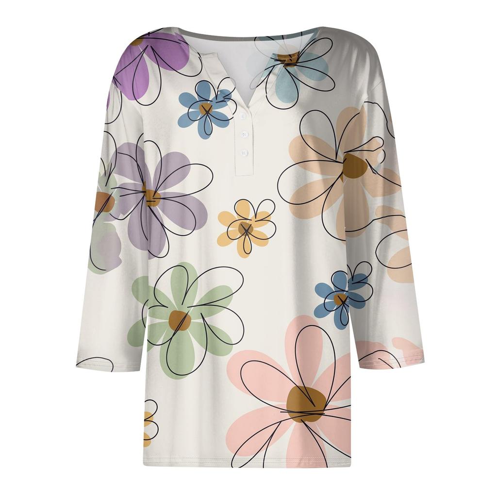 Женская модная повседневная футболка с коротким рукавом и V-образным вырезом, декоративными пуговицами и рукавом три четверти