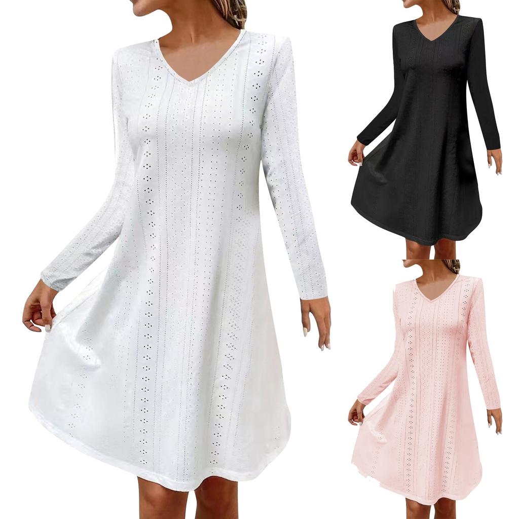 Женское модное повседневное платье с длинными рукавами и V-образным вырезом, однотонное