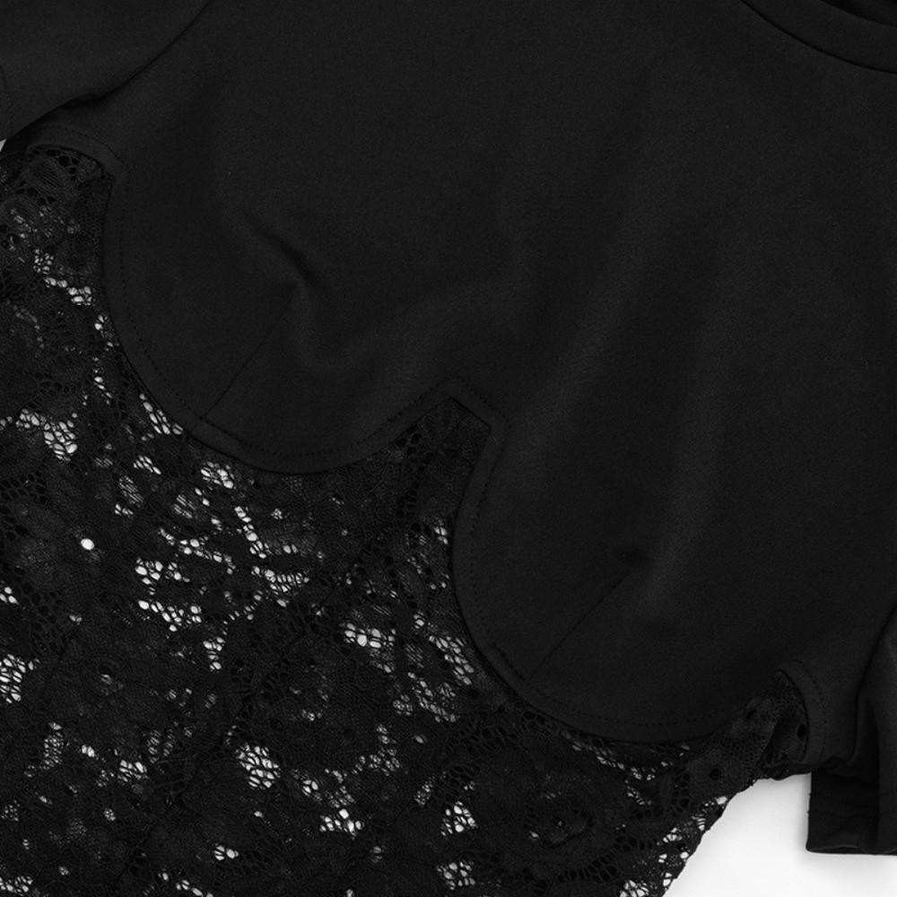 Lace Design See Through Top See Through Fabric O-neck Top Sexy Bandage Top Party Evening