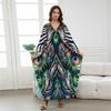 2024 Summer Women's Green Printed Loose Beach Dress 2024 Boho Cozy V-Neck Batwing Sleeve Kaftan Swimsuit Bikini Cover-ups Q1588