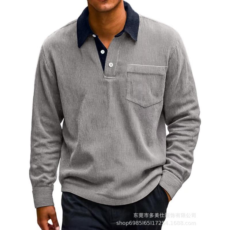 Осень и Зима Новая Мужская Ретро Вельветовая Рубашка Поло с Карманами на Пуговицах, Цветной Блок, Повседневная, С Отложным Воротником, С Длинным Рукавом для Мужчин