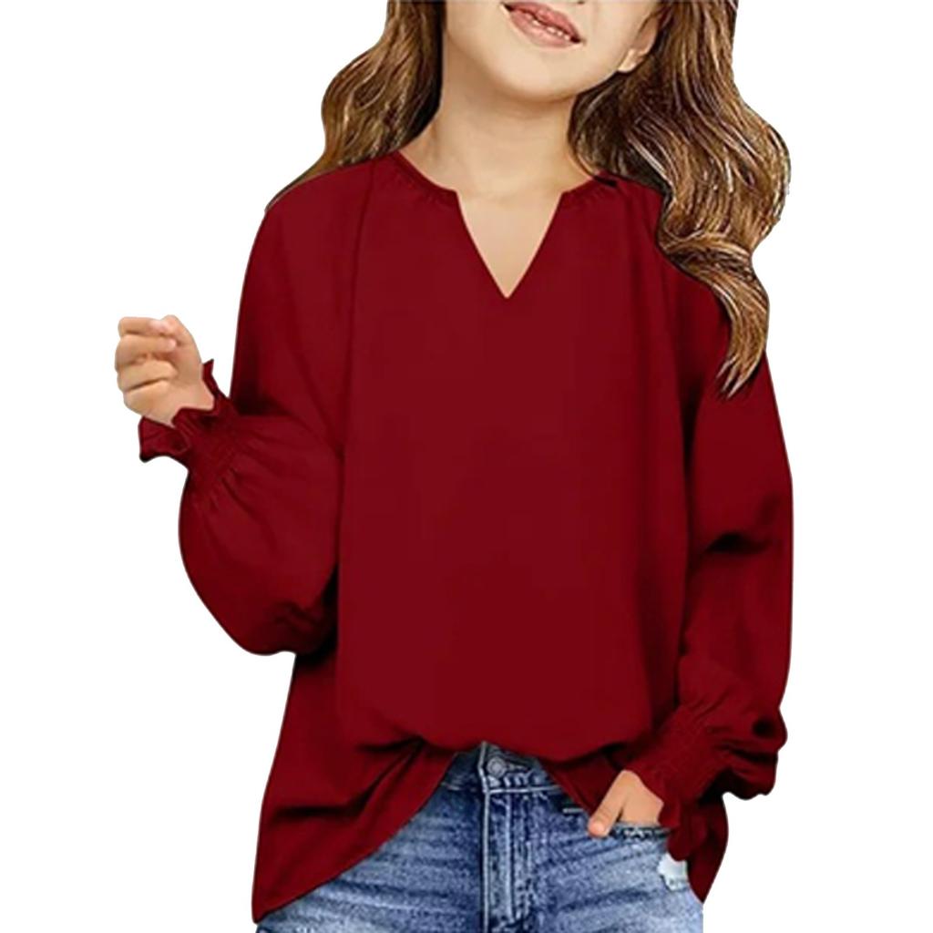 Девичья футболка с длинным рукавом - Однотонный свободный крой, повседневный топ