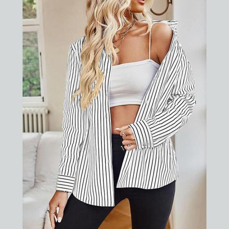 Elegant Casual Long Sleeve Striped Blouse Top Ladies Shirt All Match Summer Spring