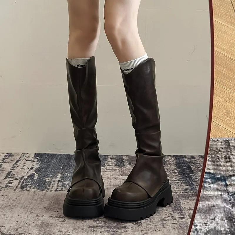 Женские ботинки с толстой подошвой и высоким голенищем, осенне-зимние, коричневые, ботинки-штаны, маленький размер, ботинки в рыцарском стиле, простой стиль