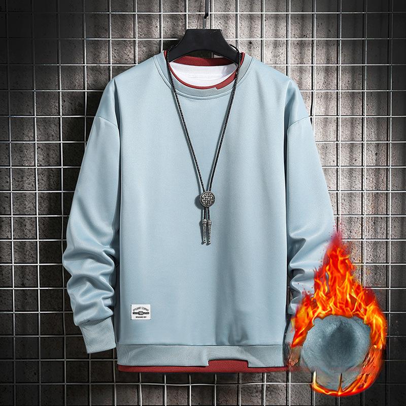 Свитер мужской осенне-зимний флисовый длинный рукав футболка мужской подростковый поддельный двухсекционный свитер с круглым вырезом повседневный топ мужской